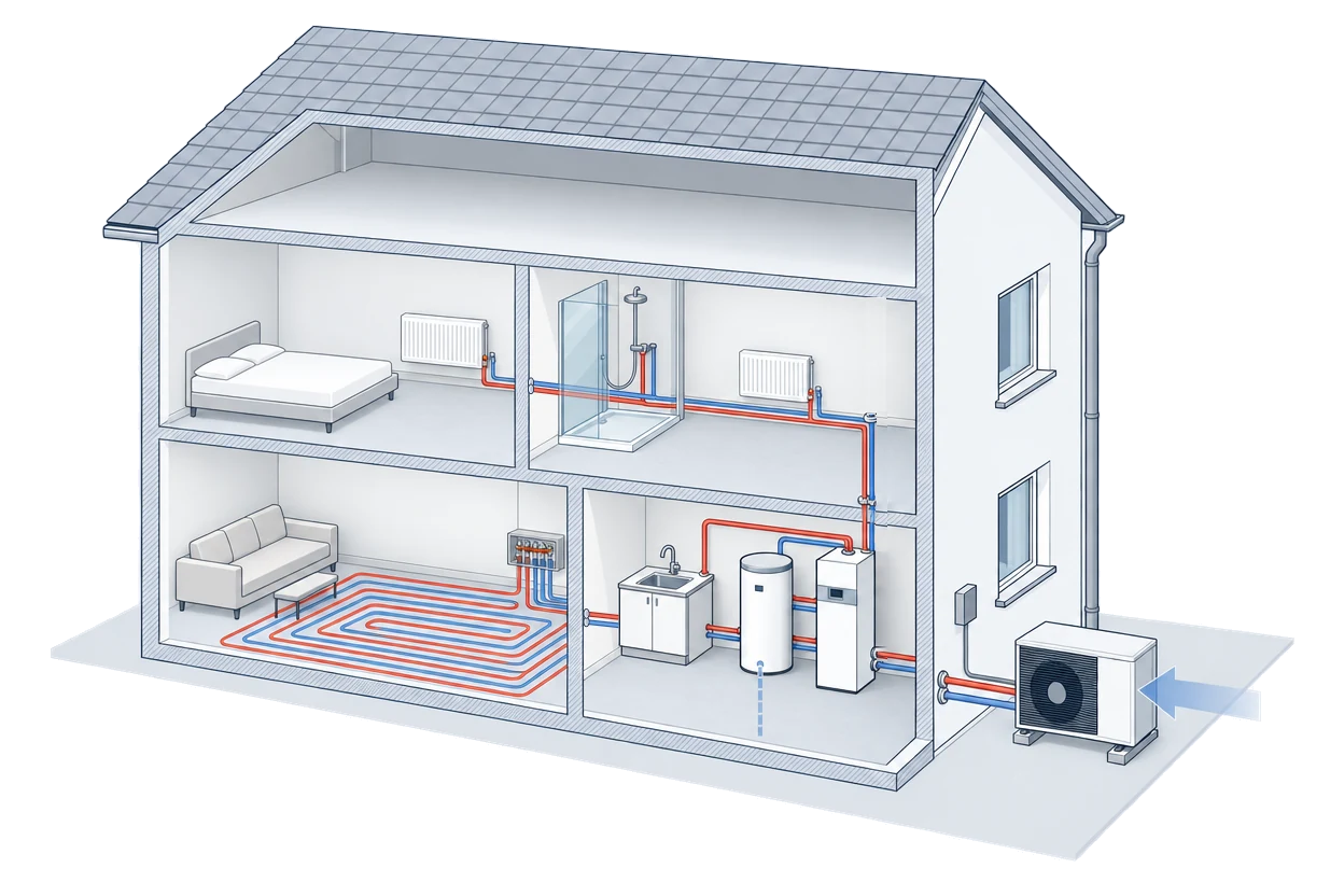 Schnittbild eines zweigeschossigen Hauses mit Außeneinheit, Inneneinheit und Warmwasserspeicher, Fußbodenheizung im Wohnzimmer und Heizkörpern im Obergeschoss