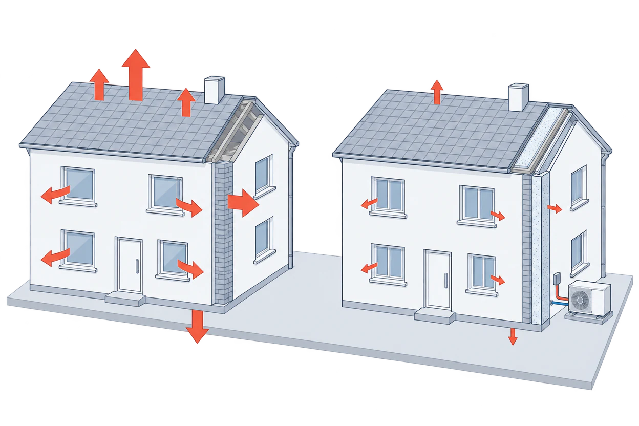 Zwei gleiche Einfamilienhäuser nebeneinander: links unsaniert mit großen roten Pfeilen für Wärmeverluste über Dach, Wände, Fenster und Boden, rechts mit gedämmtem Dach, gedämmter Fassade und neuen Fenstern, kleinen Pfeilen und der Außeneinheit einer Wärmepumpe