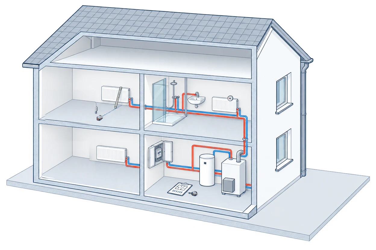Schnittbild eines zweigeschossigen Hauses mit Heizkörpern; im Hauswirtschaftsraum stehen der alte Kessel und sein Speicher, an einem Heizkörper wird gemessen