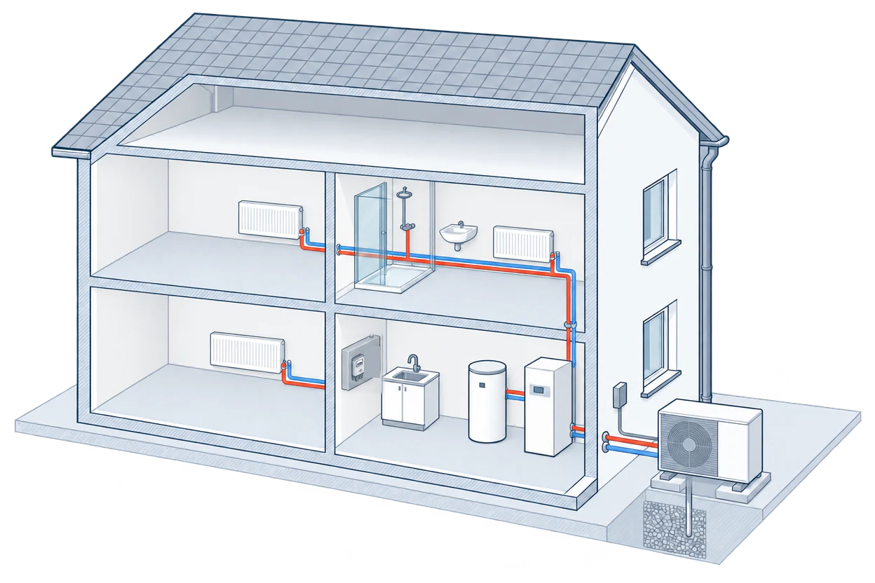 Inneneinheit und Warmwasserspeicher stehen im Hauswirtschaftsraum, verbunden mit den Leitungen der Außeneinheit