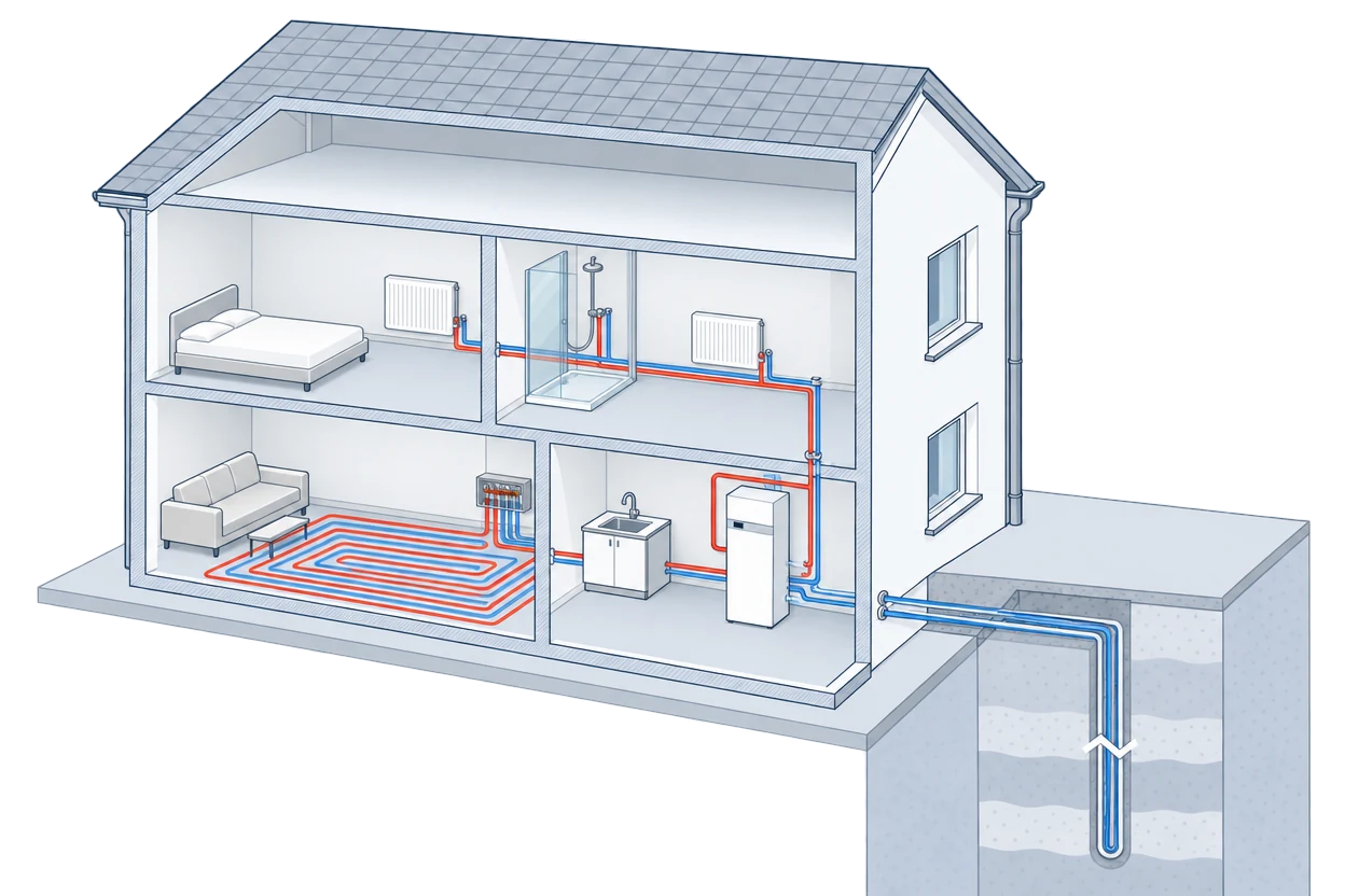 Schnittbild eines Hauses mit Sole-Wasser-Wärmepumpe im Hauswirtschaftsraum; eine Leitung führt zu einer Erdwärmesonde im Boden neben dem Haus