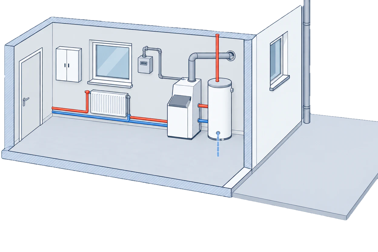 Heizungskeller mit einem Gas-Standkessel, dessen Abgasrohr in den Schornstein führt, daneben ein Warmwasserspeicher, an den Wänden Gaszähler, Zählerschrank und ein Heizkörper
