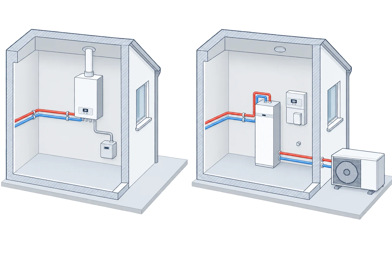 Zwei aufgeschnittene Räume nebeneinander: links eine Gas-Wandtherme mit Abgasrohr durch die Decke und Gaszähler, rechts eine Inneneinheit mit Speicher, Regelung und Elektrik an der Wand und draußen die Außeneinheit einer Wärmepumpe auf einem Gestell