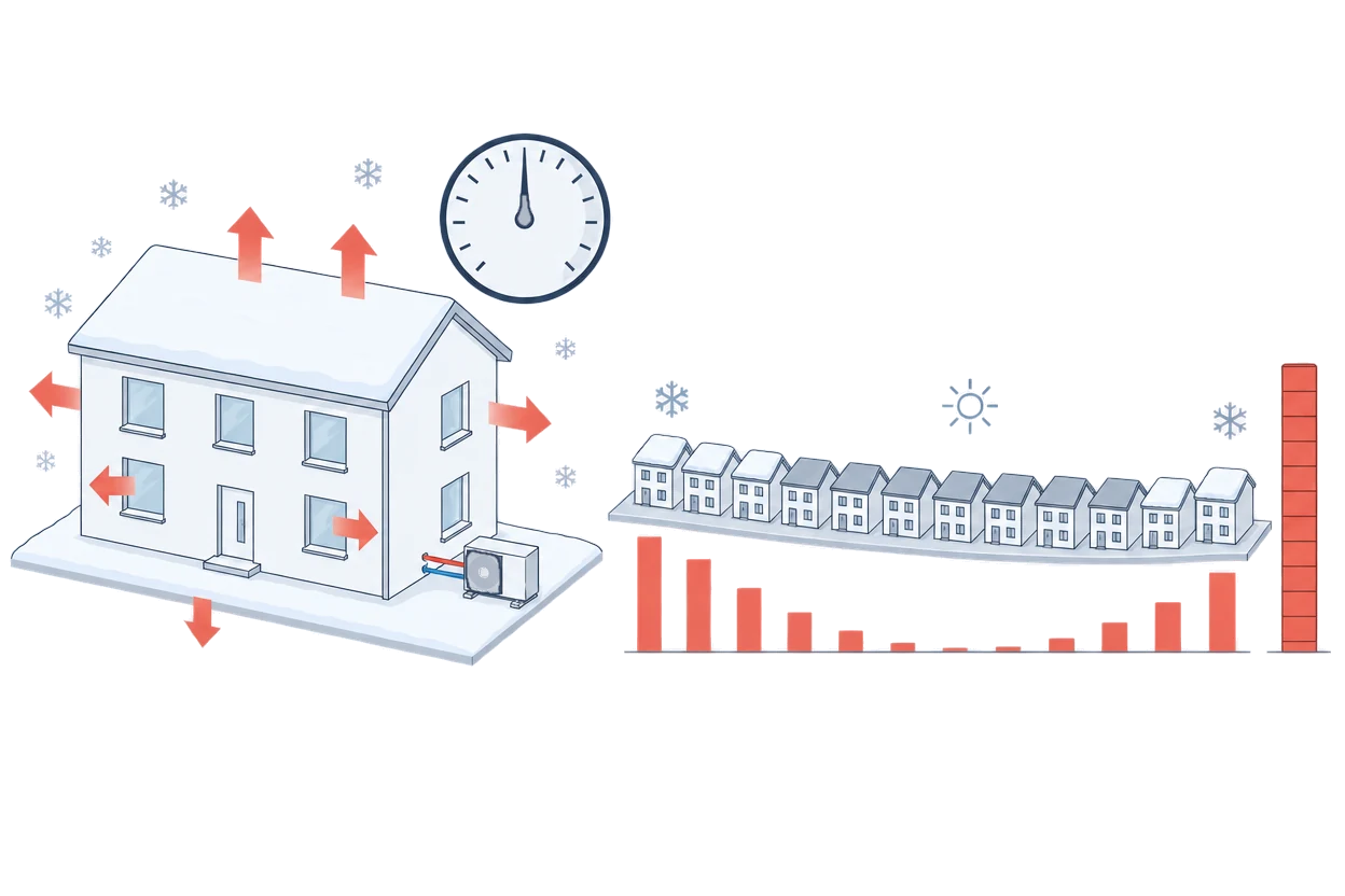 Haus mit Wärmeverlusten an einem Frosttag neben einer Reihe kleiner Häuser mit Balken für den Wärmebedarf jedes Tages im Jahresverlauf