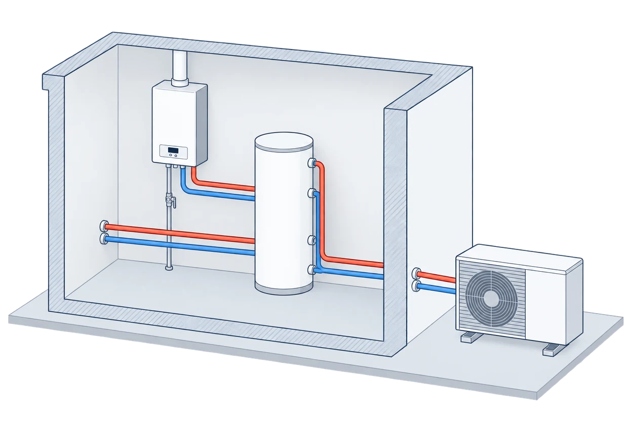 Heizraum mit wandhängendem Gaskessel und Speicher, davor eine Luft-Wasser-Wärmepumpe