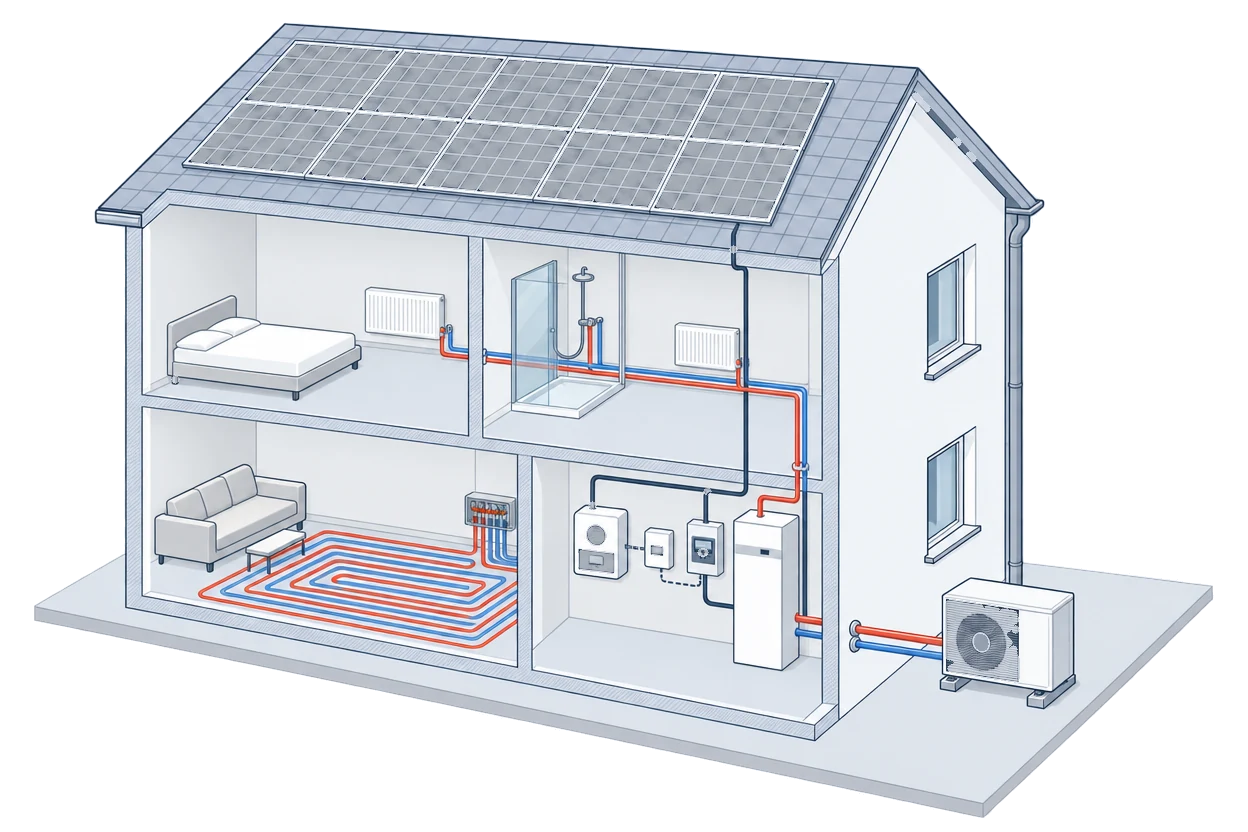 Schnittbild eines Hauses mit Solarmodulen auf dem Dach, Zähler- und Steuergeräten im Technikraum, Inneneinheit, Fußbodenheizung und Außeneinheit