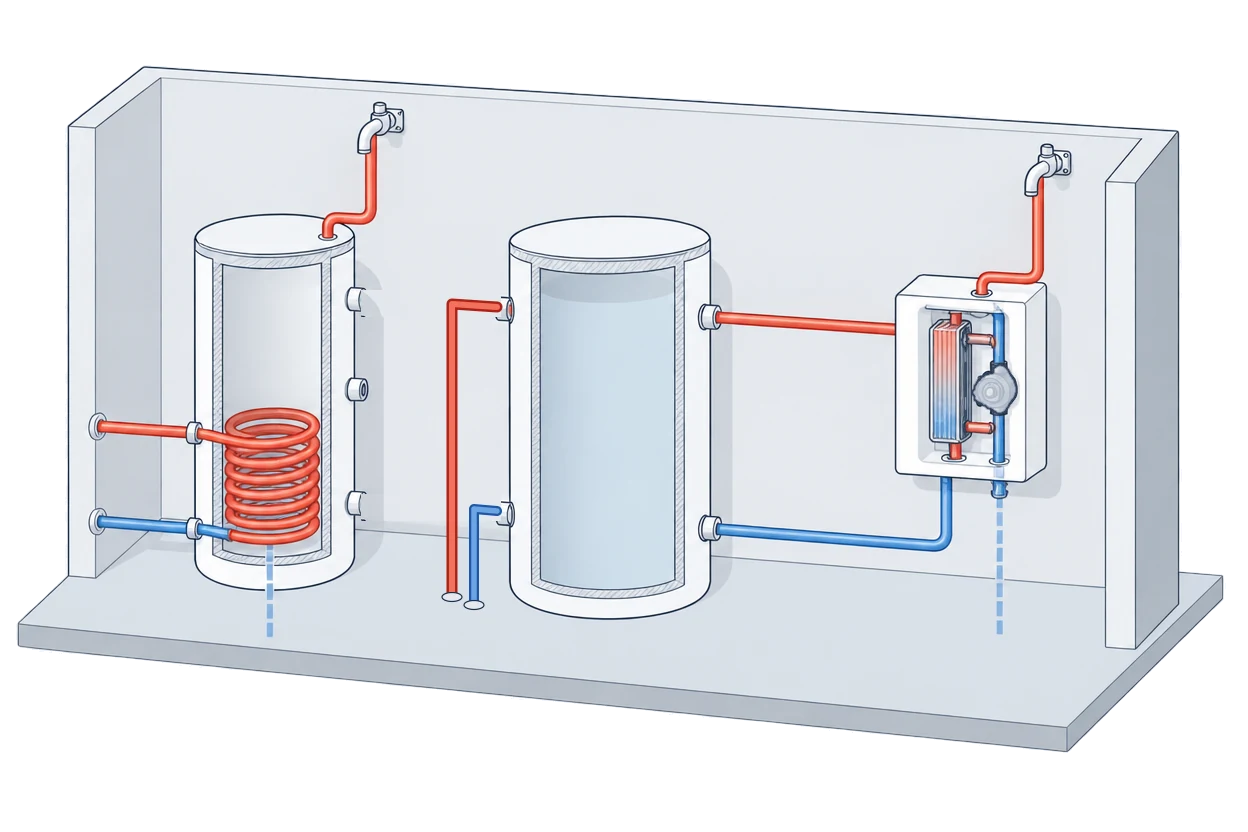 Technikraum mit einem Trinkwasserspeicher mit Heizschlange, einem Pufferspeicher und einer Frischwasserstation an der Wand