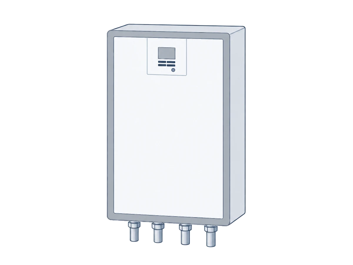 Zeichnung einer wandhängenden Trinkwasserstation von Vaillant mit Bedienfeld und Display oben und vier Rohranschlüssen unten