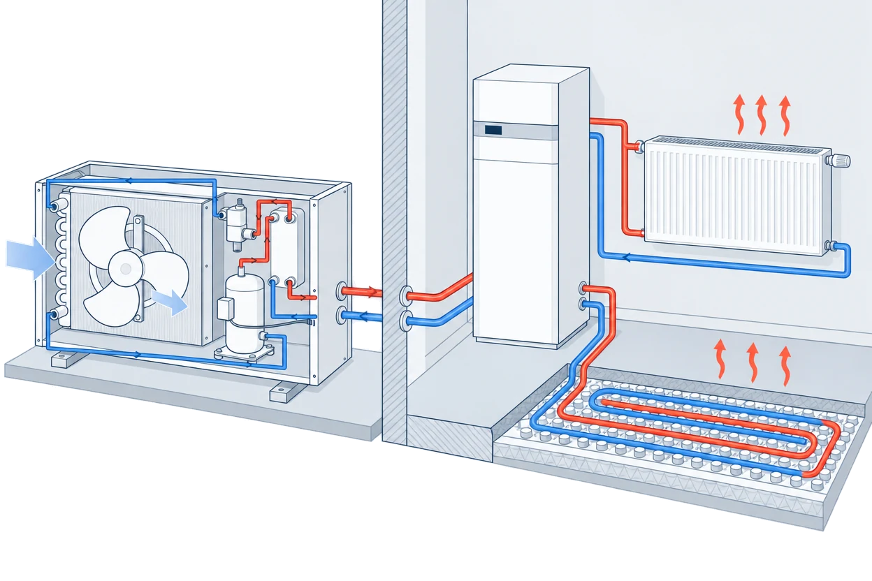 Schnitt durch ein Außengerät mit Ventilator, Verdampfer und Verdichter; Leitungen führen ins Haus zur Inneneinheit, zu einem Heizkörper und zur Fußbodenheizung