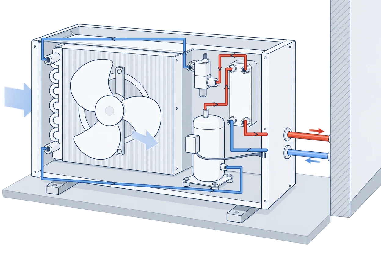 Geöffnetes Außengerät: Ventilator und Verdampfer links, Verdichter und Expansionsventil in der Mitte, rechts der Wärmeübertrager mit den Heizungsleitungen ins Haus