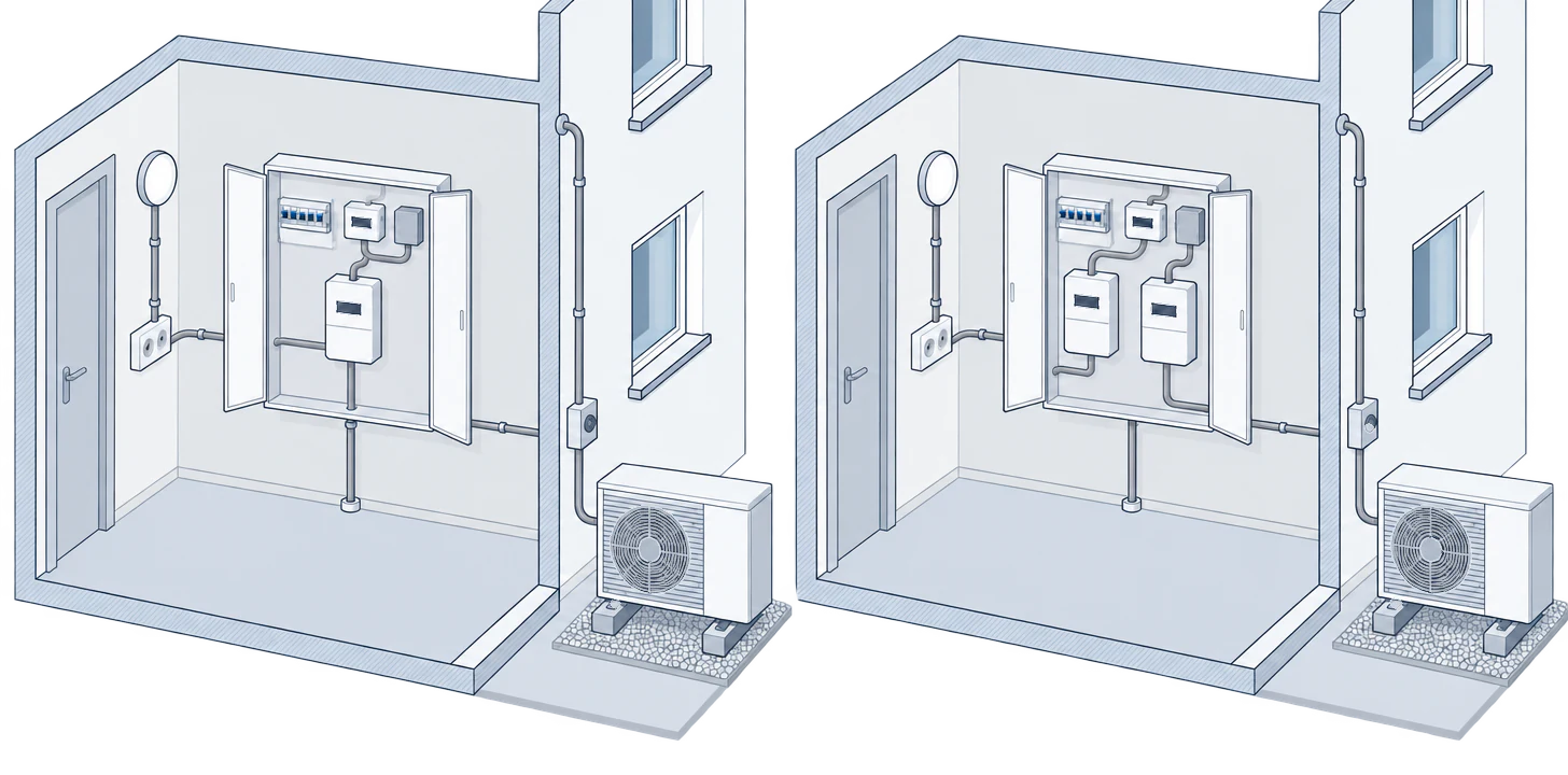 Zwei gleiche Zählerschränke: links mit einem Zähler, rechts mit zwei Zählern, daneben jeweils die Außeneinheit