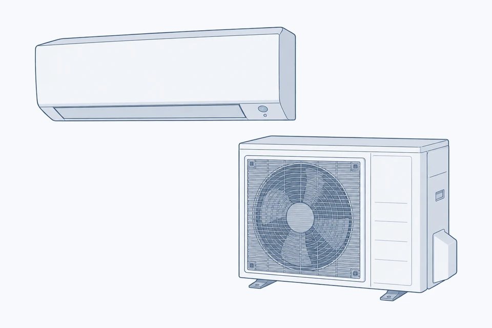 Zeichnung einer Luft-Luft-Wärmepumpe in Split-Bauweise: ein Innengerät für die Wand und ein Außengerät mit Ventilator