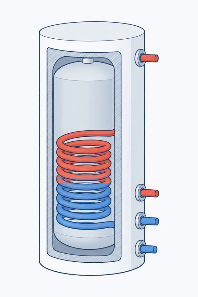 Aufgeschnittener Trinkwasserspeicher mit einer Rohrschlange im unteren Teil, oben rot und unten blau, und Anschlüssen an der Seite