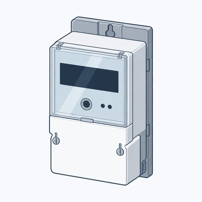 Zeichnung eines elektronischen Stromzählers mit Display und Klemmenabdeckung auf einer Montageplatte
