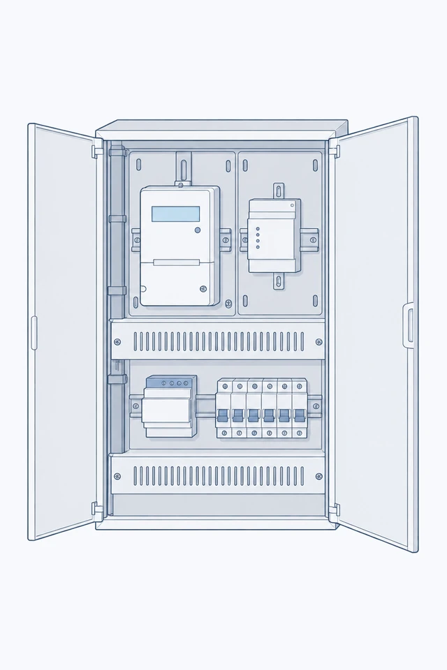 Zeichnung eines geöffneten Zählerschranks mit Stromzähler, Gateway des intelligenten Messsystems und Steuerungseinrichtung