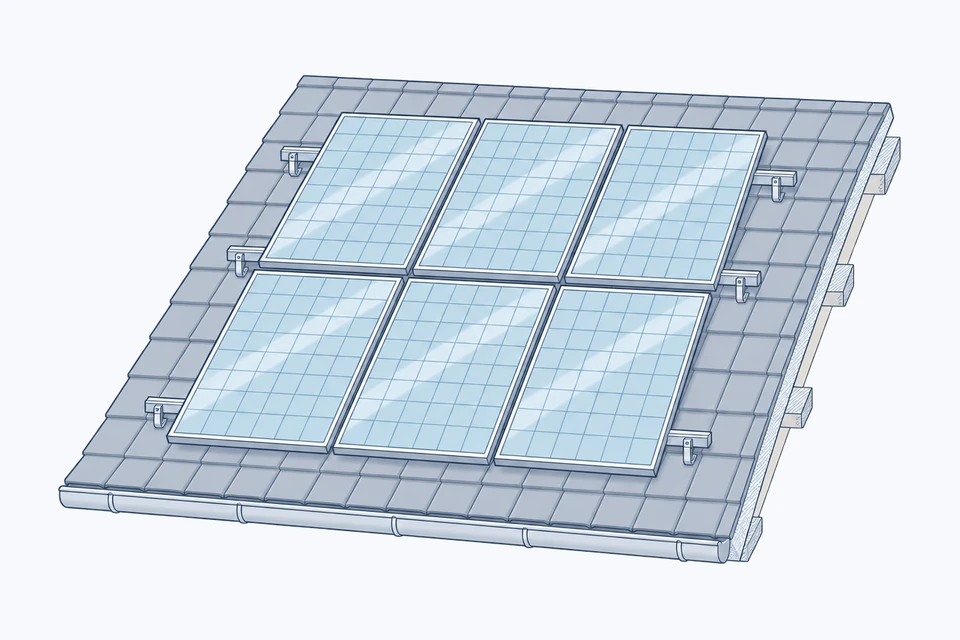 Zeichnung eines Ziegeldachs mit sechs Solarmodulen in zwei Reihen, befestigt mit Dachhaken