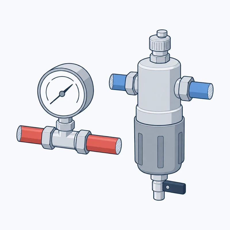 Manometer mit Zeiger an einem Heizungsrohr, daneben ein Schlammabscheider mit seitlichen Anschlüssen und einem Ablasshahn unten