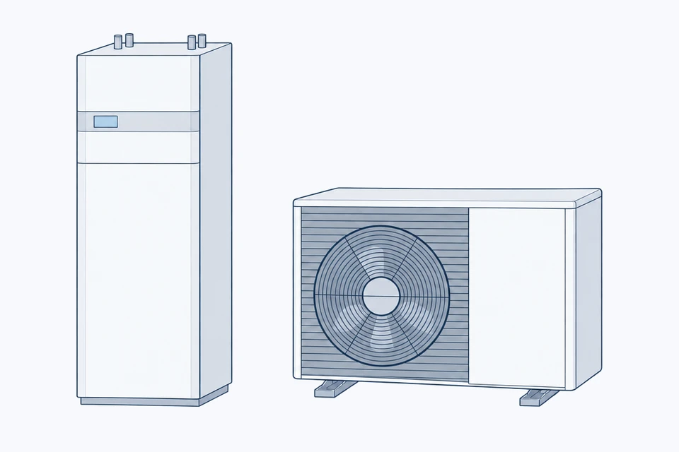 Zeichnung einer Vaillant aroTHERM plus Außeneinheit und der Inneneinheit uniTOWER